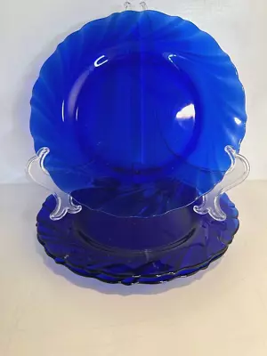 Vereco Duralex Bormioli Rocco Rivage Swirl Cobalt Blue Salad Plates Set Of 3 • $17.99