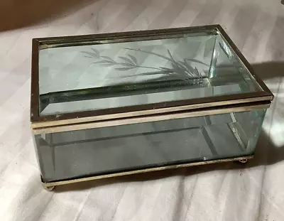Vintage Beveled Glass Rectangular Trinket Box With Etched Wheat Leaf Flower • $10