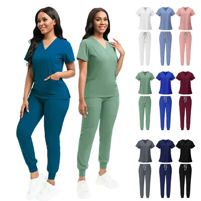 Jogger Stretch Scrub Set Women Nurse Uniform V-Neck Top Jogger Pant Hospital Spa • $18.97