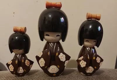 £14.99 • Buy Set Of 3 Japanese Girls Kokeshi Wooden Pattern Kimono Dolls