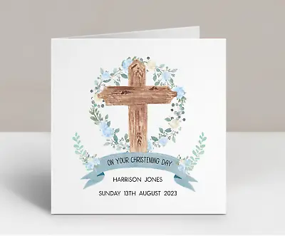 Personalised Boys Christening Card Baptism Naming Day Blue Floral Cross • £3.79