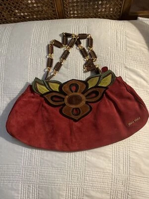 $127.50 • Buy Miu Miu Vintage Red Suede Fall Flora Theme With Leather Wrapped Chain