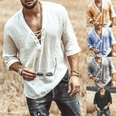 £9.99 • Buy Men Casual Long Sleeve Tops Cotton Linen Blouse Loose Henley V-Neck T Shirt Top
