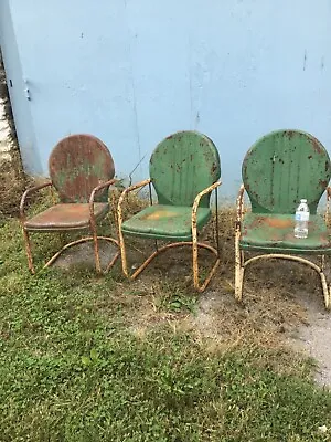 3 Vintage 1940s  SHELL Pattern  Metal Patio Chairs Glider Local Pickup PA Lot • $160