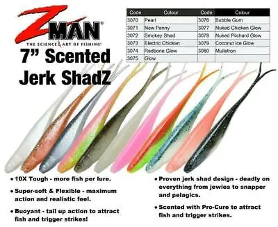 Brand New - Zman Scented 7  Jerk ShadZ Soft Plastic Fishing Lure Z Man Zman - Ch • $12.05