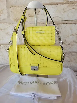 Michael Kors Bradshaw Woven Leather X-body/Handbag Or SET RARE Bright Limelight • $668