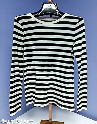 Knit Shirt Ladies Merona LS Blk/Wht Stripe Cotton Knit Pirate/Mime/Clown Shirt M • $14.98