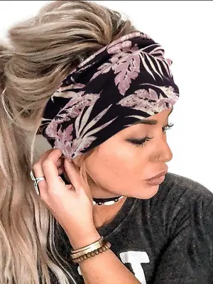 Boho Style Bandana Wide Knotted Headband Hair Tie Plum Pink Leaf Patterned 803 • £3.99