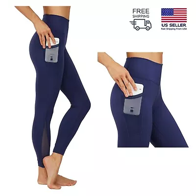 Fitness Yoga Active Long Leggings Lycra Spandex Activewear Mesh Pocket - Navy • $19.95