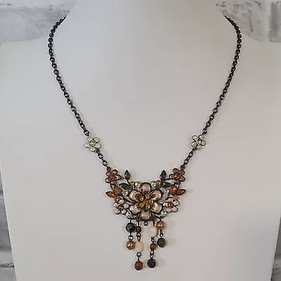 Vintage Avenue Florwer Necklace Floral Cluster Earth Tones Gunmetal Chain • $13