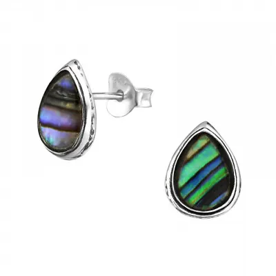 925 Sterling Silver Teardrop Stud Earrings Abalone Shell Boxed • £7.95