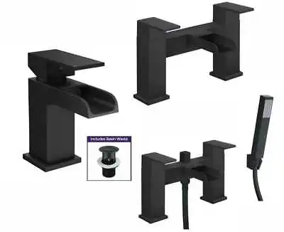 Bathroom Modern Waterfall Black Basin Sink Mono Square Mixer Tap Filler Waste • £16.99