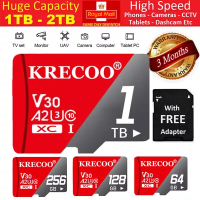 Micro SD Memory Card SDXC SDHC Class10 U3 A2 64GB 128GB 256GB 1TB + Free Adapter • £0.99