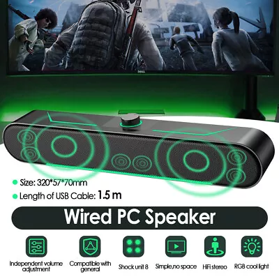 USB Wired LED Computer Speaker Sound Bar Subwoofer Soundbar Desktop PC Laptop • £13.99