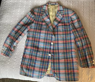 Vintage Early 80's Corbin Preppy Madras Print Cotton Blazer 40r Lewis Thos Saltz • $19.99