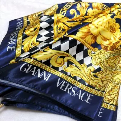 Gianni Versace Parasol Baroque All Over Pattern Navy X Gold Rain Umbrella Auth • $310