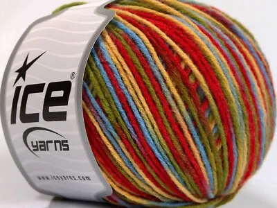 Circus -Ice Yarns Wool DK Color 56213 Variegated Red Blue Yellow Green 50gr 191y • $2.99