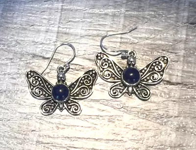 925 Sterling Silver Blue Lapis Lazuli Butterfly Dangle Earrings Bali Style New • $38