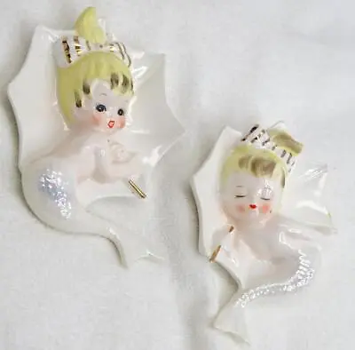 Rare Vintage Enesco Mermaids W Umbrellas 2-piece Wall Plaque SET • $225