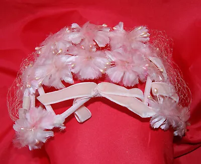 Vintage Pink Beaded Ladies Hat With Netting And Ribbon • $40