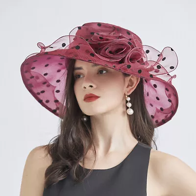 NEW Kentucky Derby Wide Brim Mesh Foldable Hat Women Polka Dot Church Party Cap • £14.45