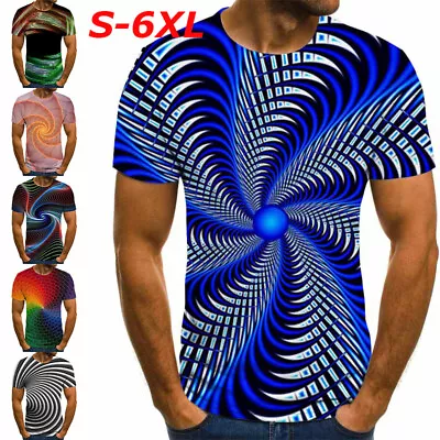 Men's Summer Casual T-Shirt Top 3D Psychedelic Optical Illusion Hypnosis T-Shirt • £5.69
