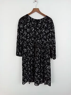 M&S Floral Print Midi Dress Black Mix Sheer Sleeves NEW F2 • £10.99