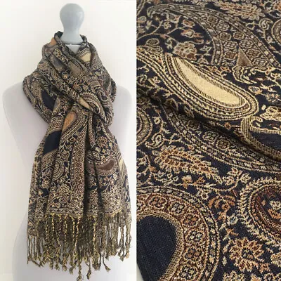 Ladies Brown Paisley Scarf Pashmina Shawl Evening Wrap Long Multi Colour Vintage • £13.24