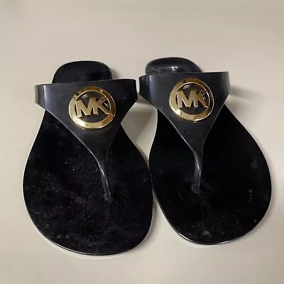 MICHAEL KORS Lillie Jelly PVC Thong Black Gold Logo Flip Flop Sandals Sz 8 • $39