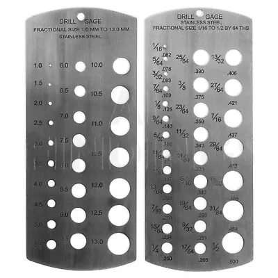  Drill Bit Gauge Metric Imperial  1/16 -1/2  & 1-13mm Set Of 2 Stainless Steel • £4.99