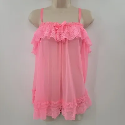 Victoria's Secret Babydoll Gown Small Hot Pink Floral Lace Ruffle Nightie • $25.99