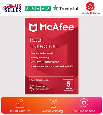 £12.99 • Buy McAfee Total Protection Antivirus 2023, 5 Devices 1 Year - Delivery By Post
