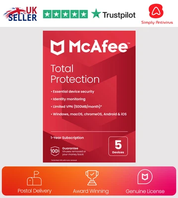 £12.99 • Buy McAfee Total Protection Antivirus 2023, 5 Devices 1 Year - Delivery By Post
