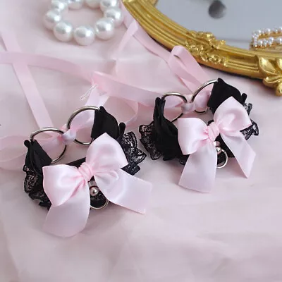 Black Lace Cuffs Bracelet 2 Pcs Set Kitten Pet Play Gear Wrist Cuffs Pink Bow • £26