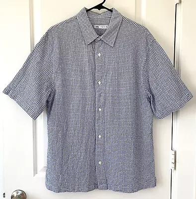 Zara Shirt Men's Large Seersucker Short Sleeve Button Up Collar Blue/White Check • $14.20