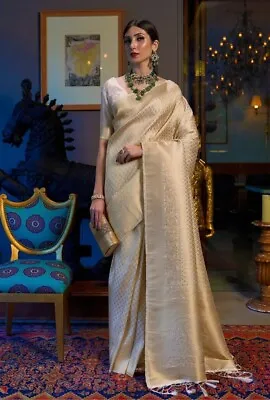 $41.34 • Buy Golden Cream Silk Sari Saree Indian Ethnic Wedding Wear Lehenga Choli Dress