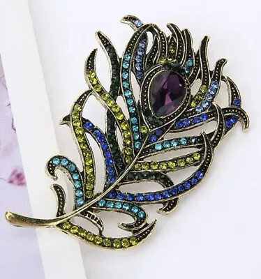 Peacock Feather Blue Green Rhinestone Vintage Gold Pin Brooch D-5624 • $9.99