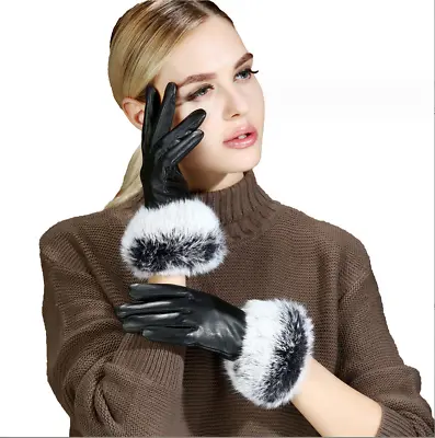 Leather Gloves Women Rabbit Fur Sheepskin Gloves Driving WarmTouch Screen Gloves • $32.55