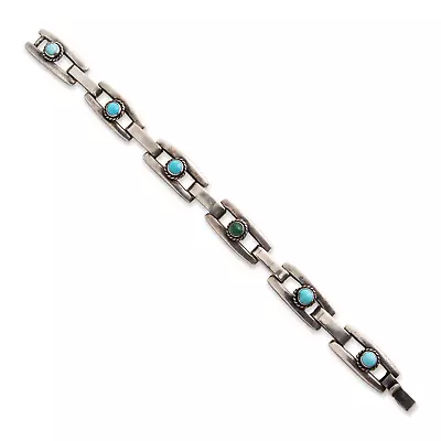 Vintage Mexican Sterling Silver Turquoise Station Link Bracelet 7.25 • $134.50