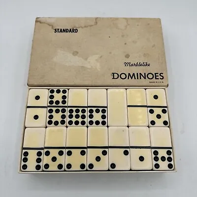 Vintage Set Of Dominos Boxed Marblelike  Set 56 Pieces Double Twelve • $19.50