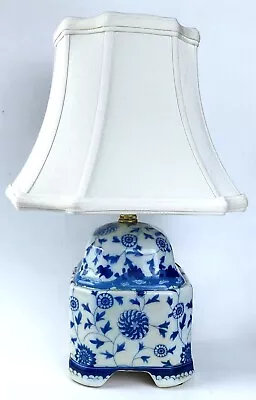 Blue & White Square Floral Porcelain Vase Table Lamp 14.5  Tall Off-White Shade • $84.99