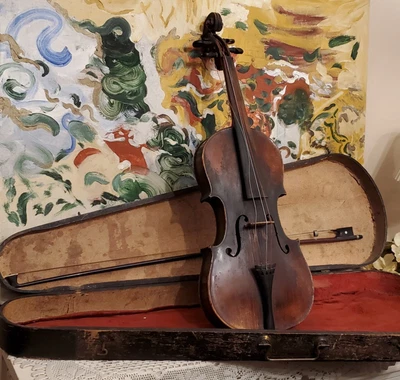 $175 • Buy German Antique Violin Full 4/4 Unlabeled W/ Coffin Wood Case Bow