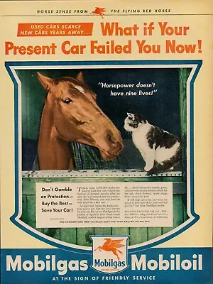 1944 Oil Gas Mobil Vintage Print Ad Horse Cat Kitten Horsepower Nine Lives Barn • $10.93