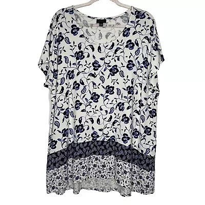 J Jill Womens Wearever Top Tunic Floral Blue White Knit Patchwork 2X Boho Summer • $25