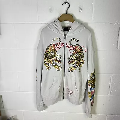 Ed Hardy Urban Outfitters Hoodie Mens Large White Tiger Zip Up Y2K Tattoo Retro • £33.95