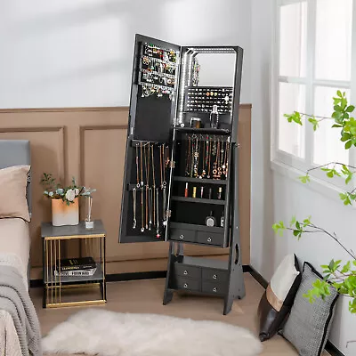 Jewelry Cabinet Armoire Full Length LED Mirror W/ Makeup Shelf &6 Drawers  Black • $149.99