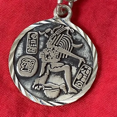 Vtg Aztec Mayan Warrior Medallion 20” Chain Sterling Silver 925 Mexico • $25