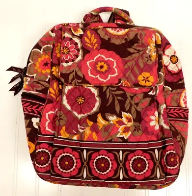 Vera Bradley Large Backpack Carnaby Red Yellow Floral Bag Cotton Multiple Pocket • $15.29