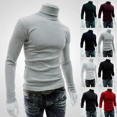 Mens Sweater Jumper Turtleneck Pullover Cotton Knitted Solid Tops Size S-XXXL • $23.81