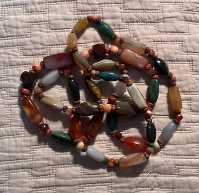 Vintage Semi Precious Stone Agate Beggar Bead Knotted Necklace • $42.99